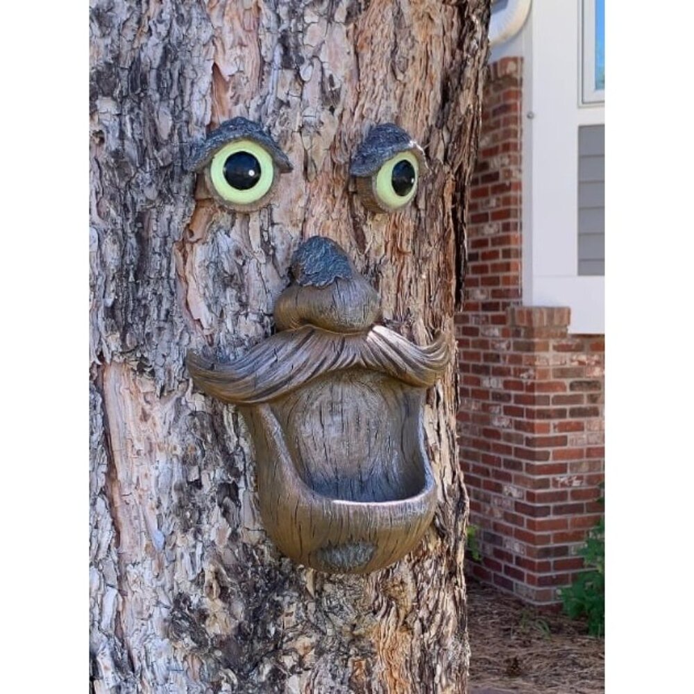 Tree Face Birdfeeder - Old Man with Glowing Eyes in Dark Outdoor Tree